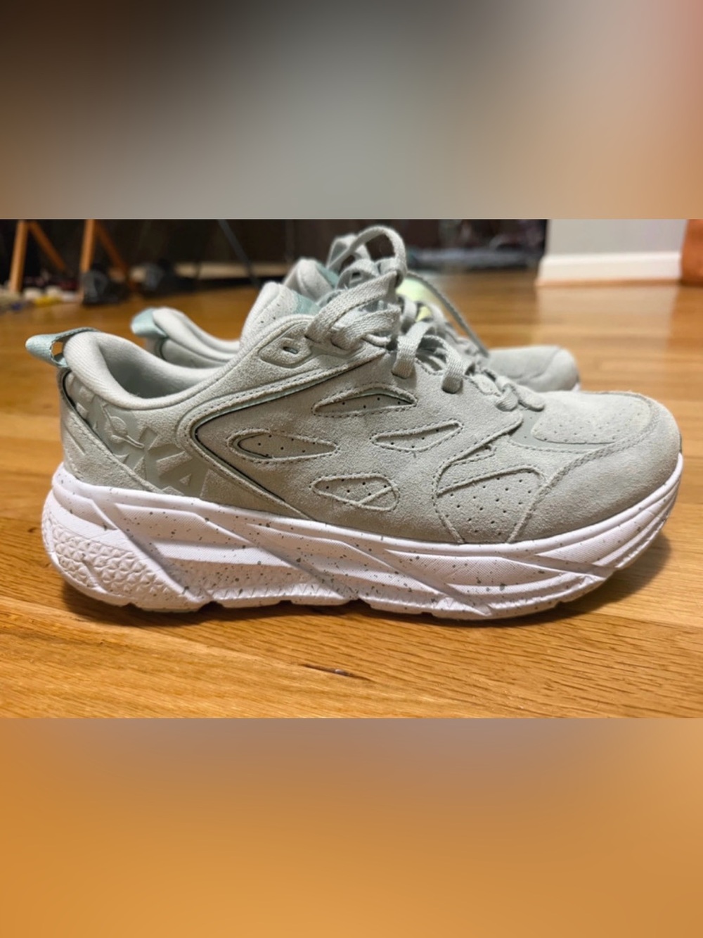 Hoka One One Clifton L Suede Shoes – Smoke Green / Celadon Tint – Women’s Size 9